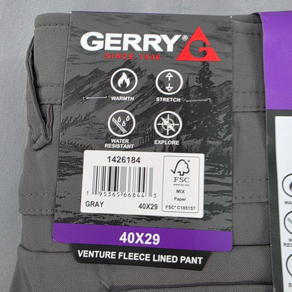 Gerry Venture Fleece‎ Lined Pants Mens 40x29 Gray Warm Stretch Water Resistant - Picture 1 of 3